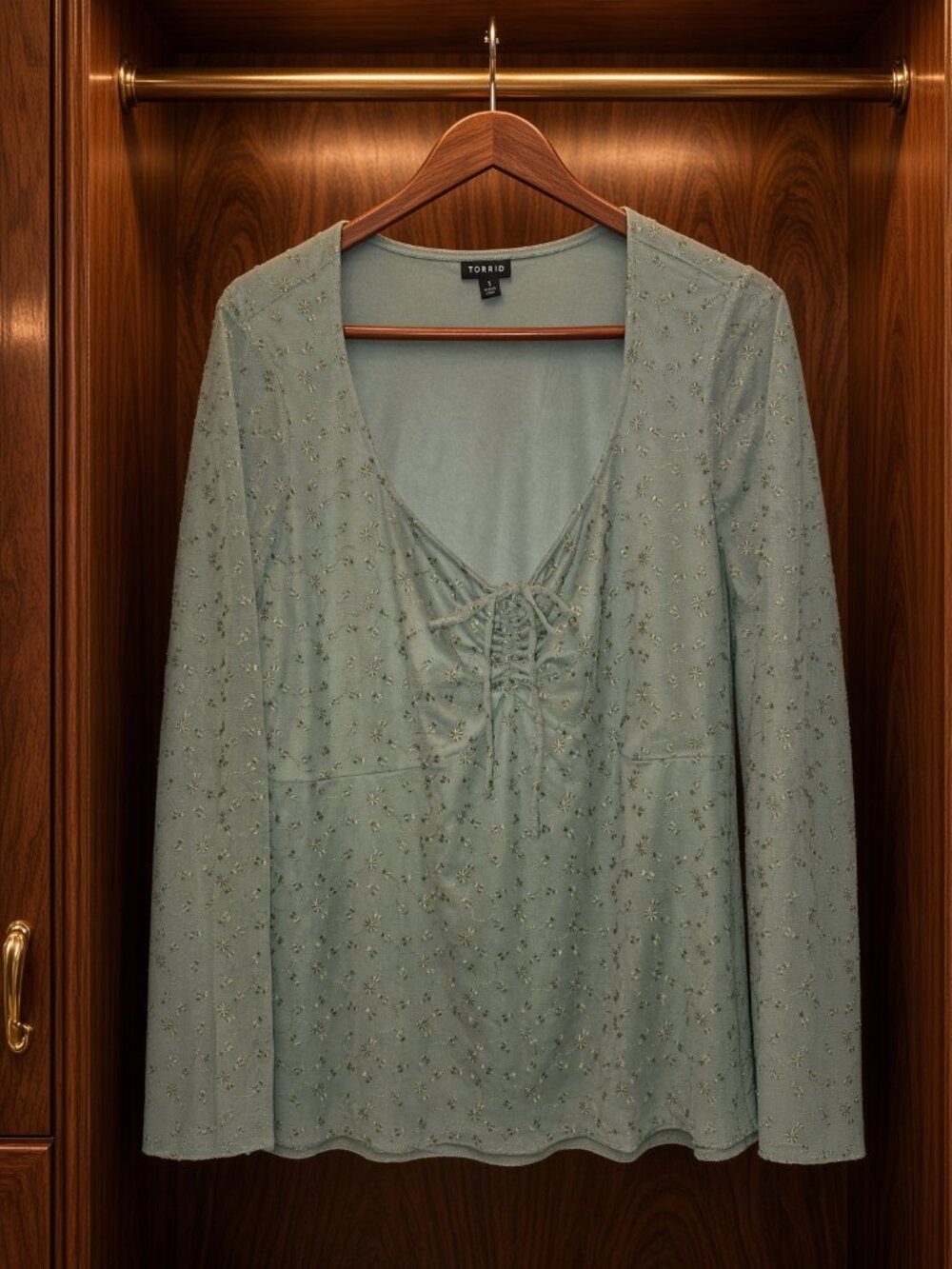 Torrid Sage Green Floral Eyelet Lace-Up Top Size 1